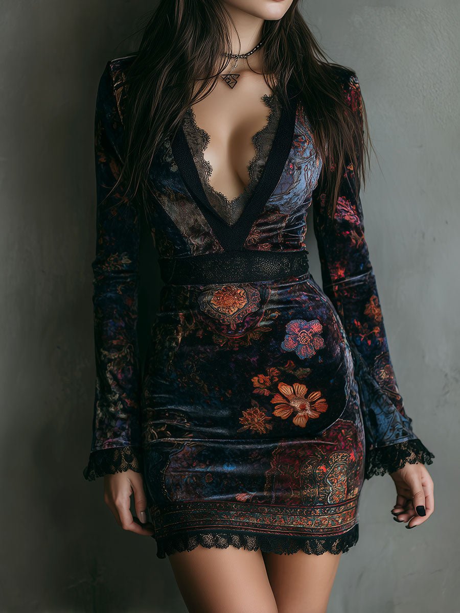 Vestido Mini de Terciopelo Boho con Estampado Floral Escote en V y Ribete de Encaje