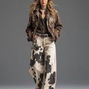 Pantalón Ancho Retro Western con Estampado de Vaca