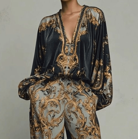 Conjunto Retro con Estampado Barroco Escote en V Profundo