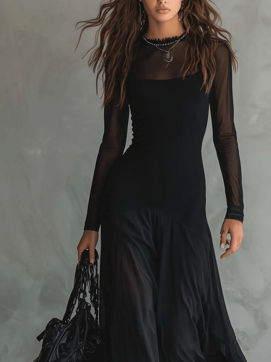 Vestido Maxi Negro de Tul con Detalle Patchwork
