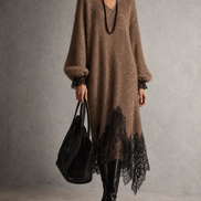 Vestido midi gris de punto con bajo de encaje