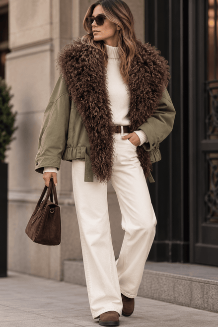 Chaqueta Oversize con Cuello de Pelo Rizado