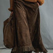 Falda Vintage Casual de Ante Marrón Cacao con Flecos
