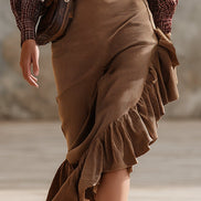 Falda Western Vintage de Pana Marrón con Volantes en Sesgo