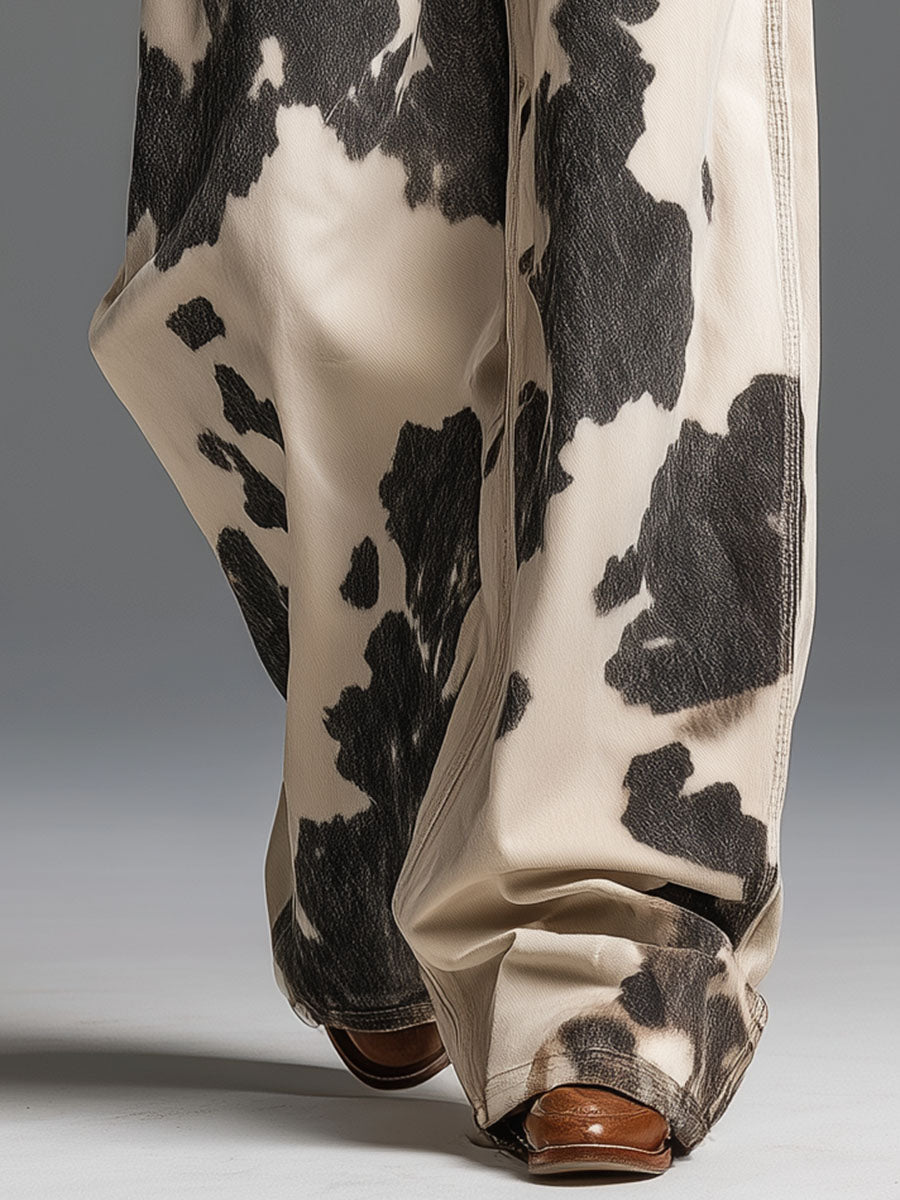 Pantalón Ancho Retro Western con Estampado de Vaca