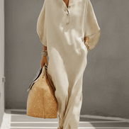 Vestido Maxi de Lino con Cuello Mao