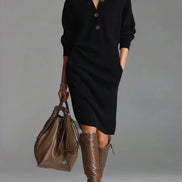 Vestido Holgado de Punto con Cuello Mao y Manga Larga