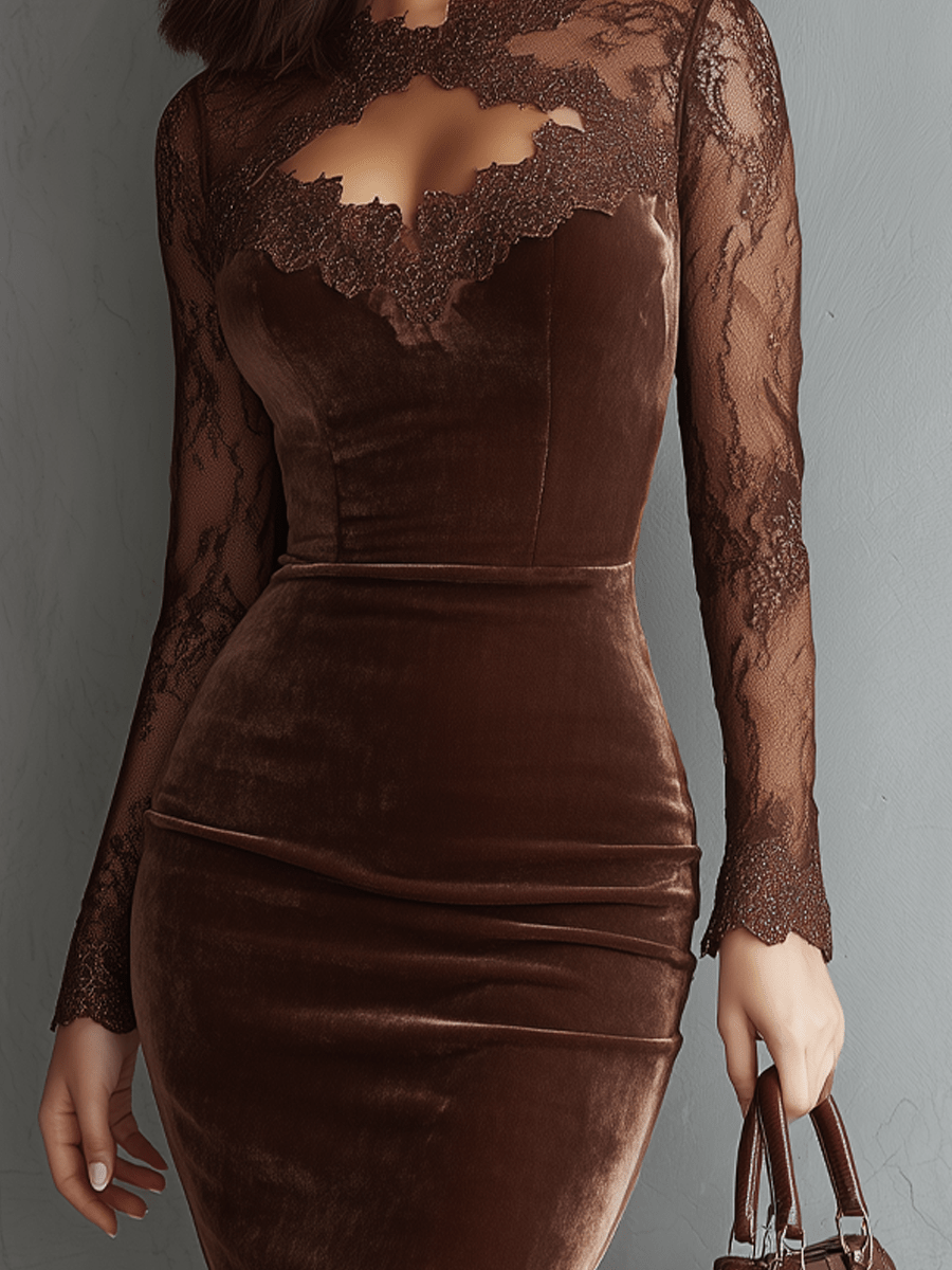 Vestido Mini Vintage de Terciopelo con Escote Ojo de Cerradura y Manga de Encaje