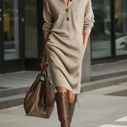 Vestido Holgado de Punto con Cuello Mao y Manga Larga