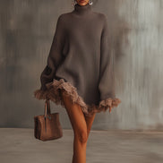 Vestido de Punto Marrón con Cuello Alto y Bajo con Volantes