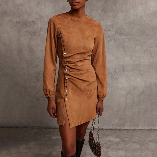 Vestido Mini de Ante Western Retro para Otoño-Invierno