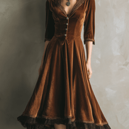 Vestido Midi Vintage de Terciopelo con Manga ¾ y Ribete de Encaje