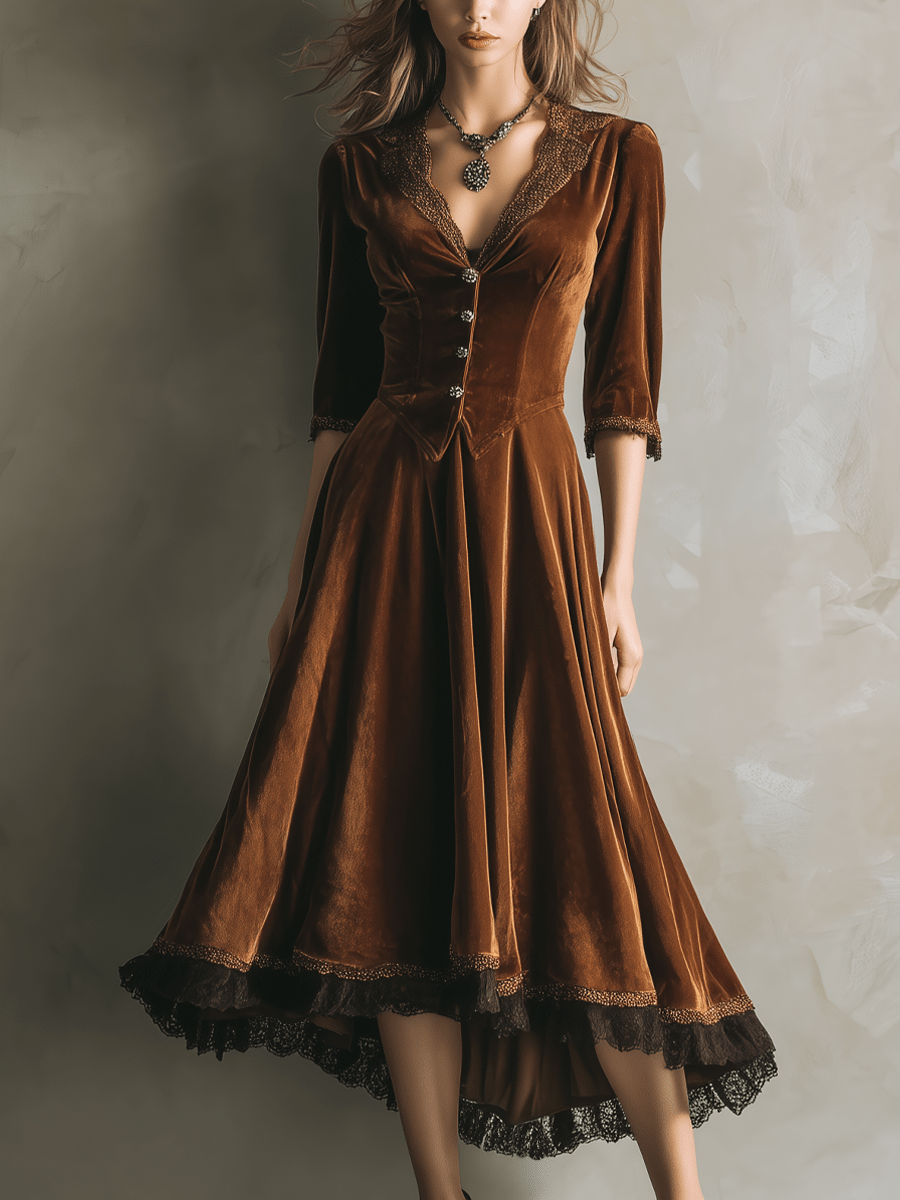 Vestido Midi Vintage de Terciopelo con Manga ¾ y Ribete de Encaje