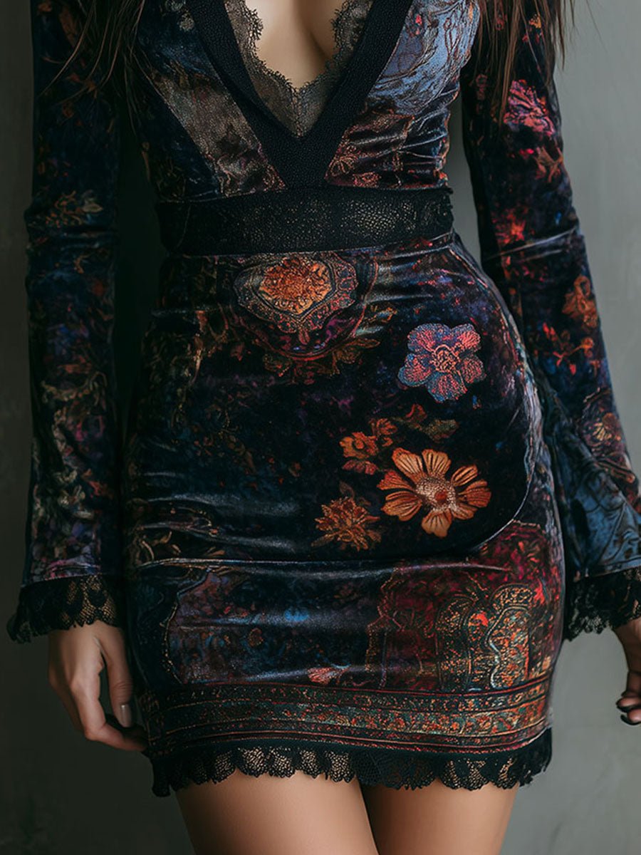 Vestido Mini de Terciopelo Boho con Estampado Floral Escote en V y Ribete de Encaje