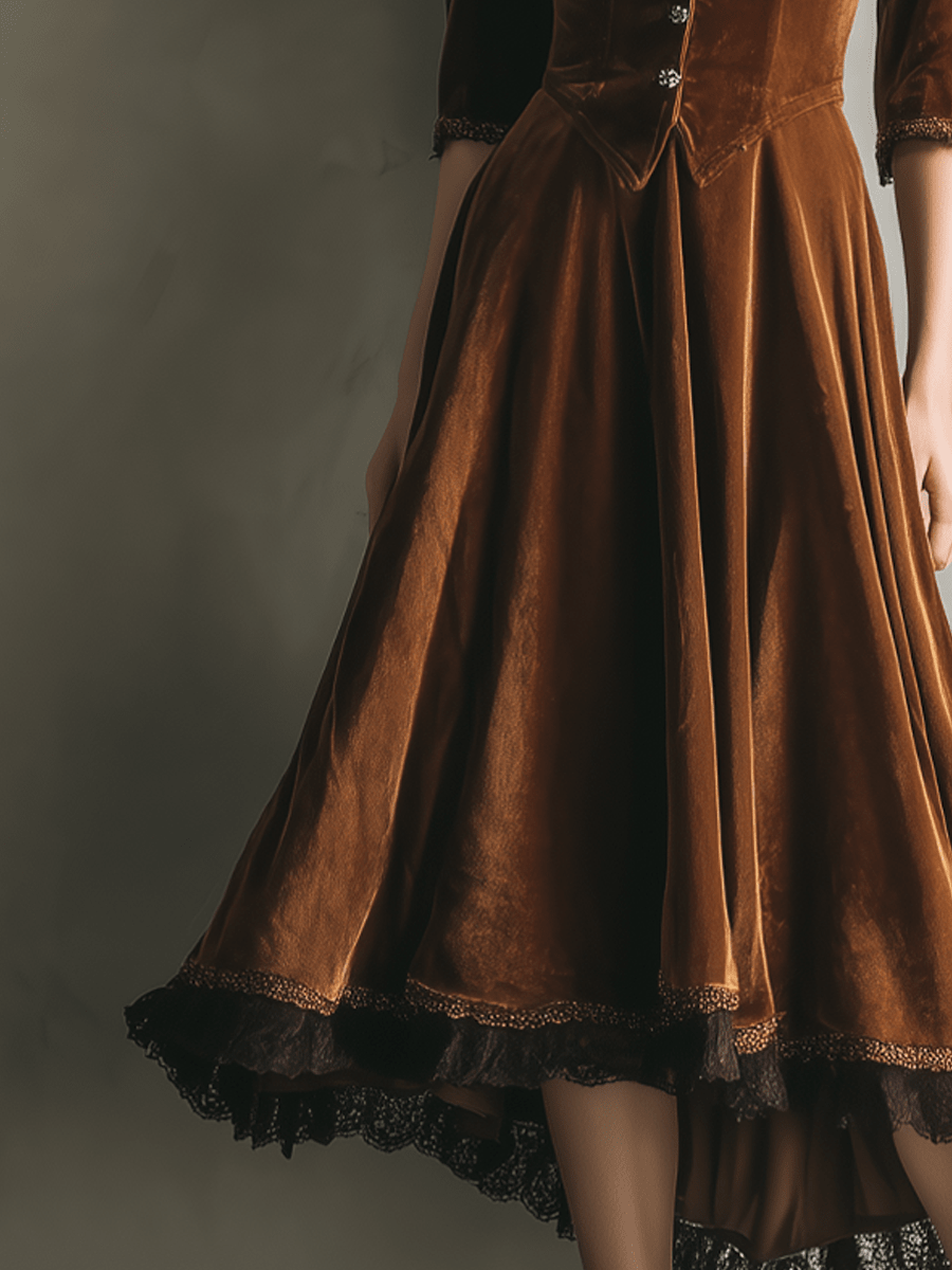 Vestido Midi Vintage de Terciopelo con Manga ¾ y Ribete de Encaje