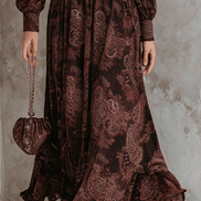 Vestido Maxi Marrón con Estampado Paisley y Cintura con Cremallera