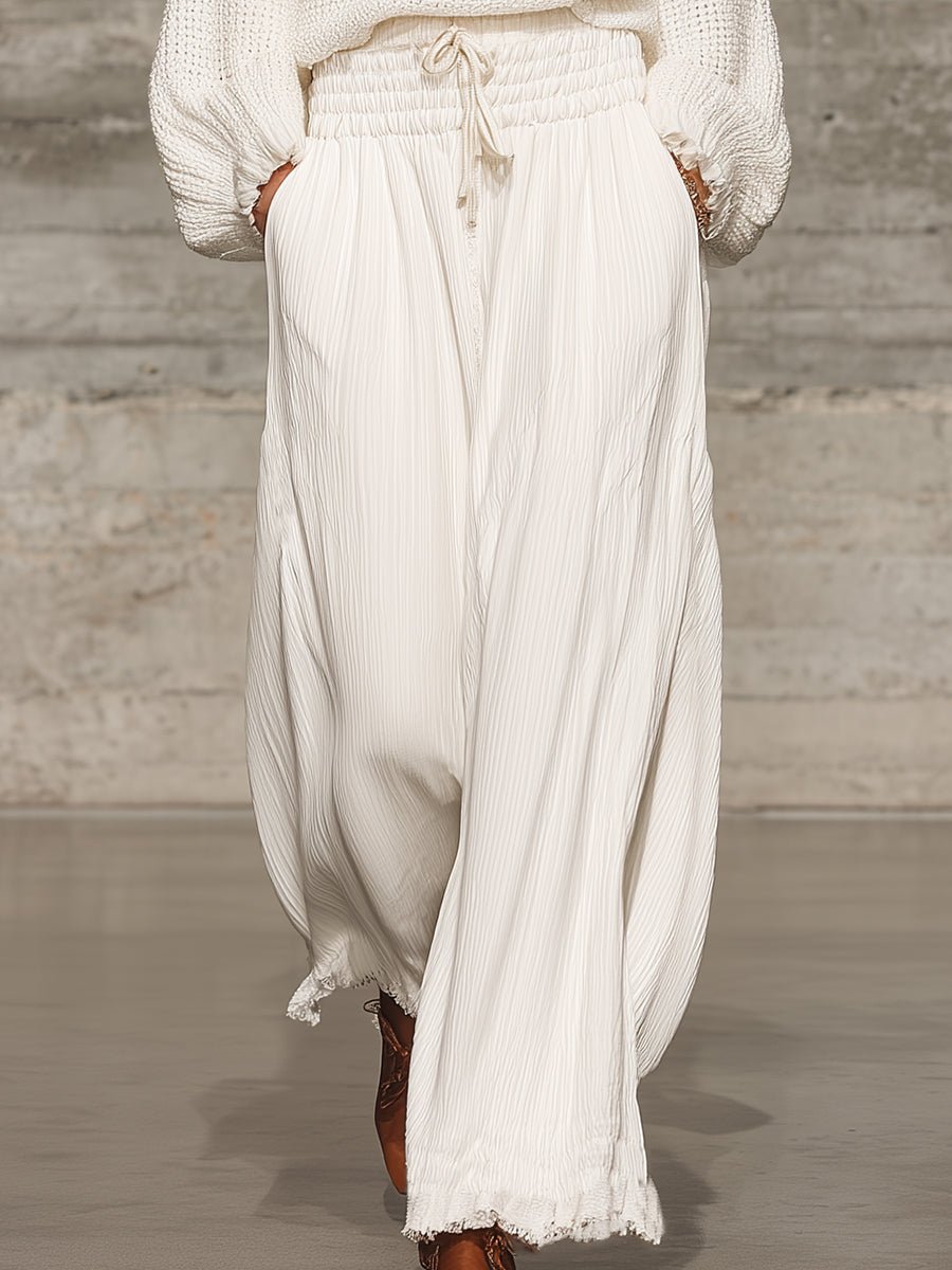 Pantalón Ancho Retro Blanco con Cinturilla Elástica