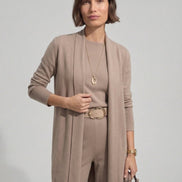 Conjunto cárdigan largo, top y pantalón