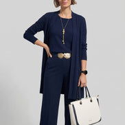 Conjunto cárdigan largo, top y pantalón