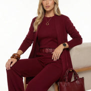 Conjunto cárdigan largo, top y pantalón