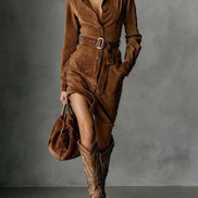 Vestido Midi de Ante con Cuello Solapa y Botonadura Simple