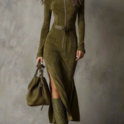 Vestido Maxi Vintage de Ante Marrón con Cremallera y Cinturón