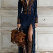 Vestido Maxi de Ante Sintético Western con Bordado y Flecos