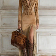 Vestido Maxi de Ante Sintético Western con Bordado y Flecos