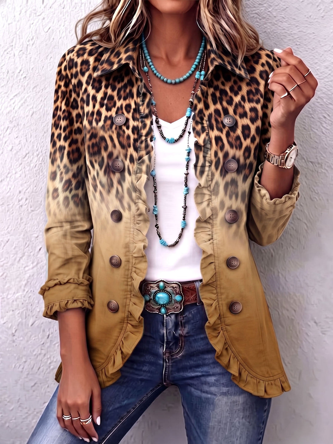 Chaqueta Blazer Leopardo Ocre con Volantes