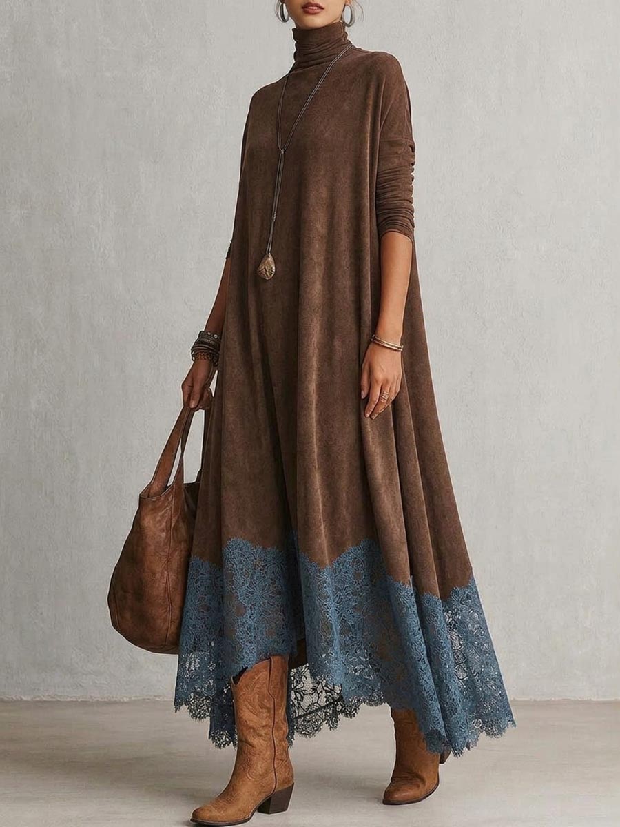 Vestido evasé de cuello alto con paneles de encaje y manga larga