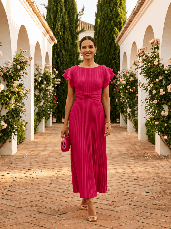 Amara | Vestido Midi Plisado con Detalle Cruzado