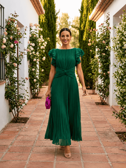 Amara | Vestido Midi Plisado con Detalle Cruzado