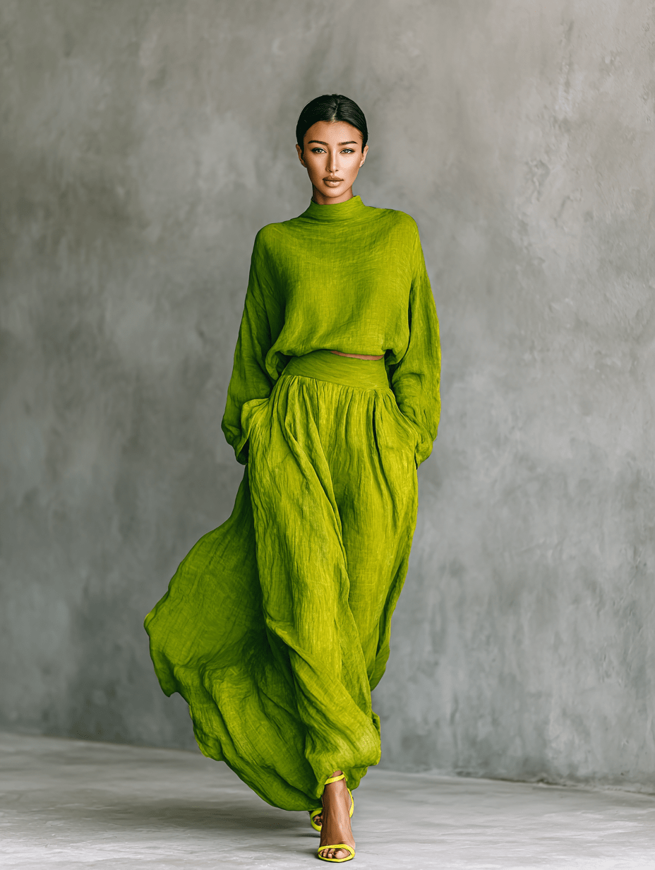 Conjunto Top Verde con Cuello Alto y Falda Maxi