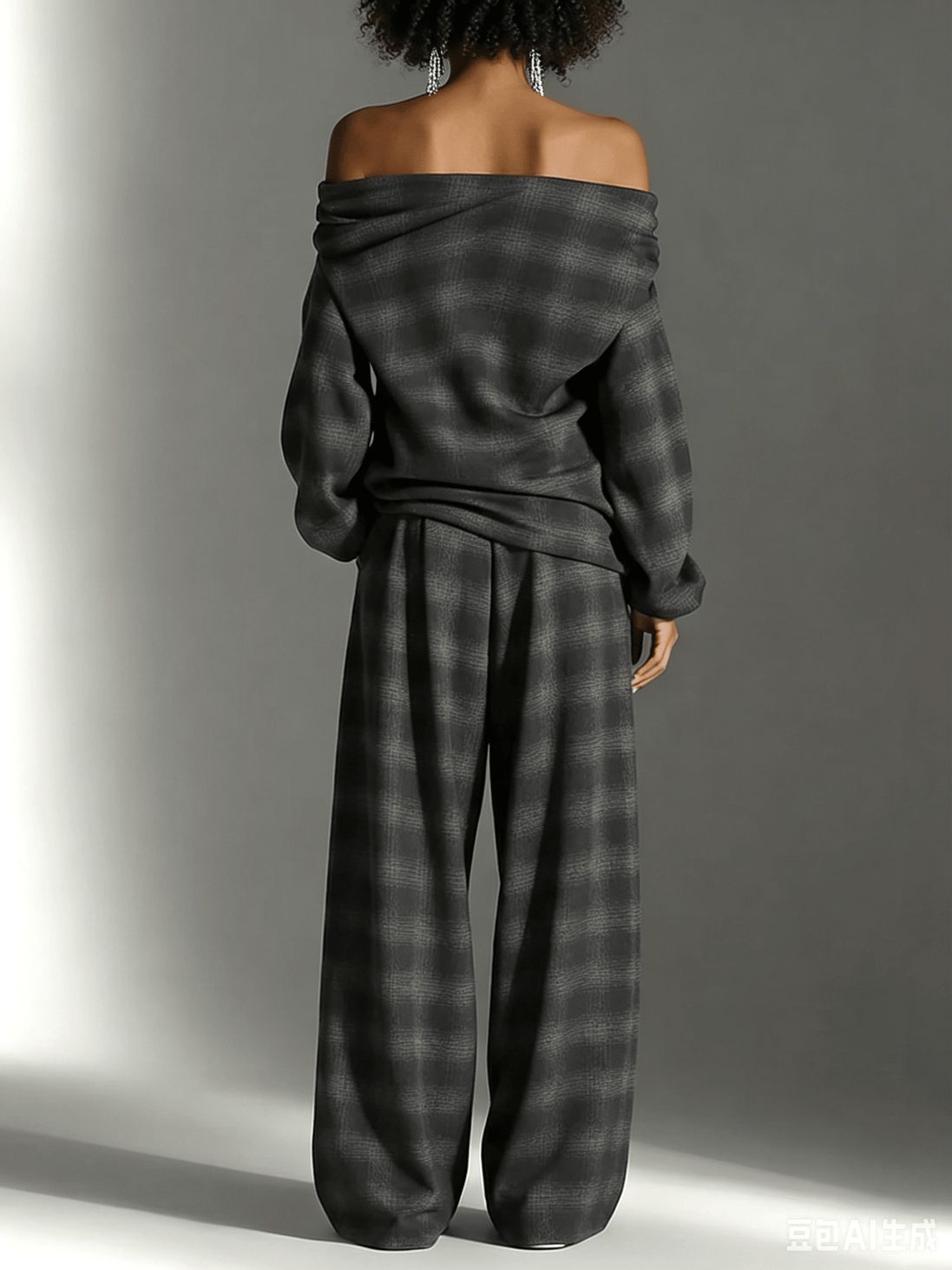 Conjunto de Dos Piezas con Top Off-Shoulder de Cuadros y Pantalón Fluido