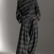 Conjunto de Dos Piezas con Top Off-Shoulder de Cuadros y Pantalón Fluido