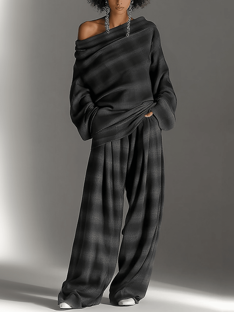 Conjunto de Dos Piezas con Top Off-Shoulder de Cuadros y Pantalón Fluido