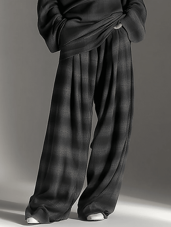 Conjunto de Dos Piezas con Top Off-Shoulder de Cuadros y Pantalón Fluido